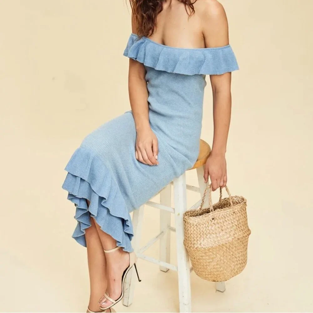 LPA Revolve Blue Knit Sleeveless Off Shoulder Ruffle Dress LPA Revolve Blue Knit Sleeveless Off Shoulder Ruffle Dress